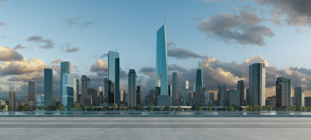 istock 3D Modern city with a beautiful view and empty floor in front 1470636259