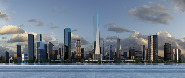 Modern city with a beautiful view and empty floor in front. 3d rendering