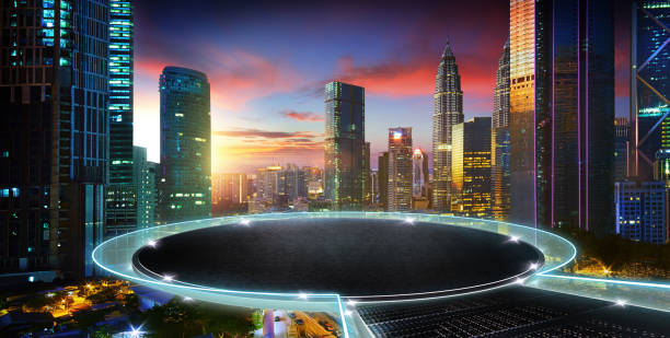 istock Beautiful sunrise city and sci-fi circular stage 1470636828