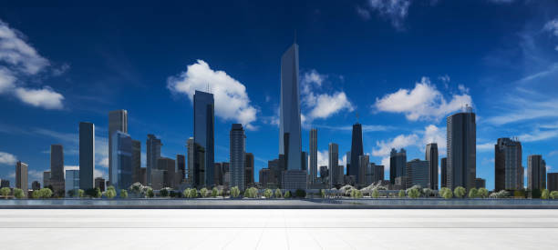 istock 3D Modern city with a beautiful view and empty floor in front 1470637057