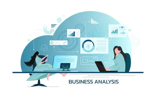 Vector illustration of SEO reporting, data monitoring, web traffic analytics, Big data flat vector illustration on blue background.