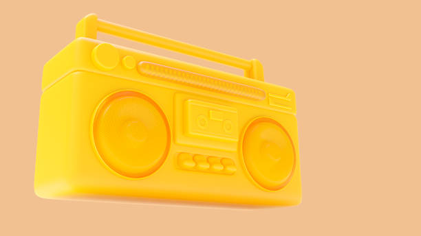 yellow antique cassette player. designed in minimal concept.  orange background and clipping path. - radio old fashioned antique yellow imagens e fotografias de stock