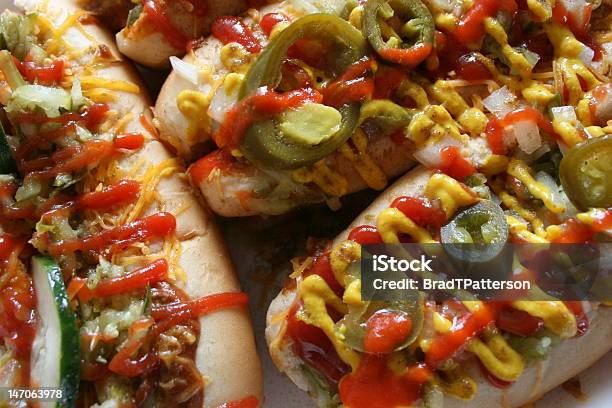 Fully Loaded Very Colorful Chili Dogs Stock Photo - Download Image Now - Hot Dog, Jalapeno Pepper, Cheese