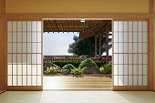 Japanese Style Empty Room Interior With Garden View Background