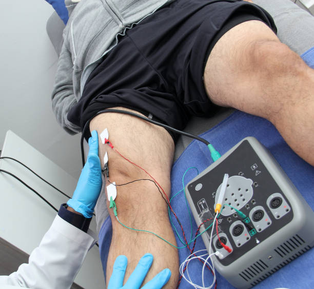 istock Electromyography EMG and Somatosensory Evoked Potential PEV of lower extremities, neurophysiological test applies electrical stimuli near the nerves to explore the rectus femoris muscle 1470644998
