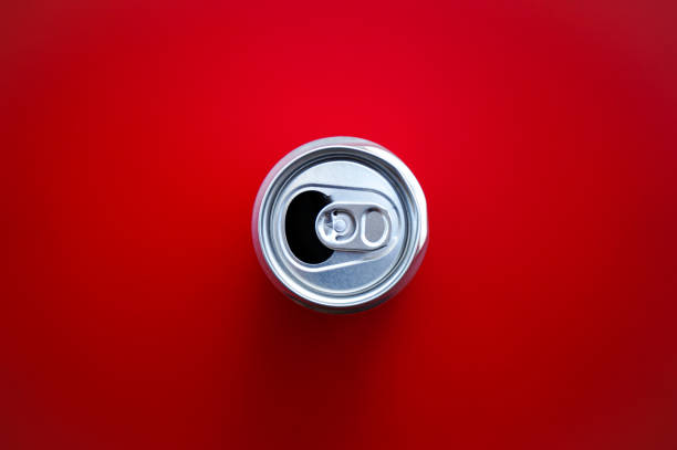 istock Flat lay of aluminum can opened on red background with copy space 1470648809