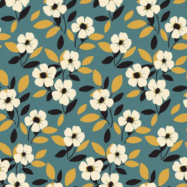 Vector illustration of Seamless floral pattern with simple botany in vintage style: small white flowers, leaves on a blue background. Vector.