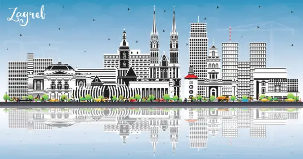 Vector illustration of Zagreb Croatia City Skyline with Color Buildings, Blue Sky and Reflections. Vector Illustration. Zagreb Cityscape with Landmarks.