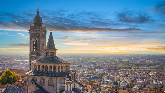 Aerial view of the city of Bergamo alta during sunset, Bergamo city of Italian culture 2023