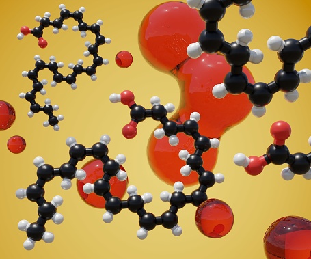 Omega-3 fatty acids, docosahexaenoic acid (DHA) molecule with oil background 3d rendering