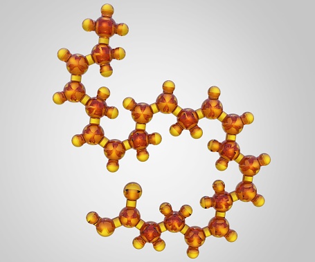 Omega-3 fatty acids, docosahexaenoic acid (DHA) molecule with oil background 3d rendering