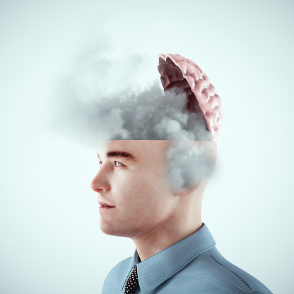 Half brain with a cloud inside. Creativity and open mind concept. This is a 3d render illustration