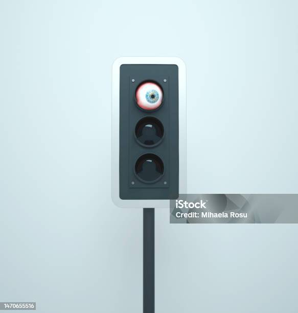 Traffic Light Looks Around With Human Eye Protection Surreal Concept Stock Photo - Download Image Now