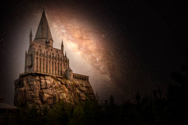 zamek hogwart w universal studios w kalifornii, na tle galaktycznego nieba z czarną przestrzenią na kopie skomplikowanych szczegółów gotyckiej architektury zamku. - czarodziej zdjęcia i obrazy z banku zdjęć