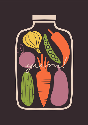 Vector illustration of jar with fresh vegetables. Clip art with chili, garlic, beet, radish, cucumber, carrot, pea in flat style for vegetarian food, restaurant menu. Vegan concept.