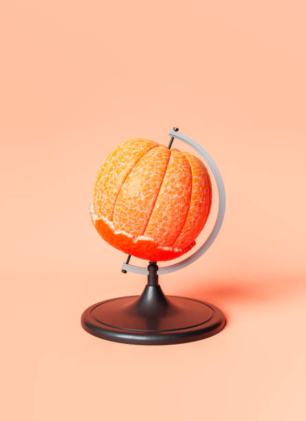 3D illustration of globe mount with fresh peeled tangerine placed against peach background