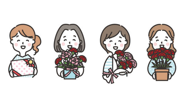 母の日の贈り物を持つ女性イラストセット - carnation mothers day florist flower点のイラスト素材／クリップアート素材／マンガ素材／アイコン素材