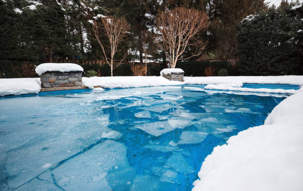 Pool with ice and slush after snow storm.