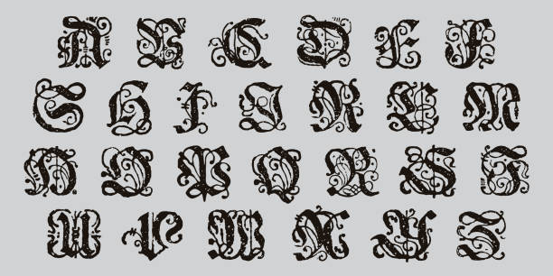 illustrazioni stock, clip art, cartoni animati e icone di tendenza di alfabeto nero. capilettera medievale. set iniziali luminose vintage. carattere icona gotica horror. - medieval music