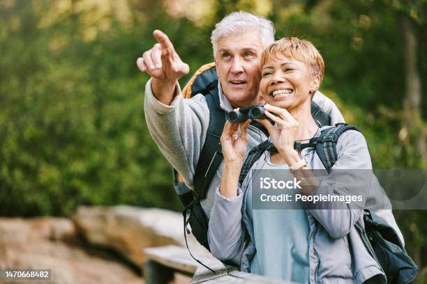 Elderly Couple Hiking And Bird Watching With Adventure Outdoor Hike Together And Fitness For Active Lifestyle Nature Trekking And Senior Man Pointing And Woman With Binocular Freedom And Travel Stock Photo - Download Image Now