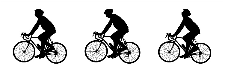 A cyclist in a sports helmet sits on a bicycle. The guy on the bike. A group of cycling tourists. The man looks around, up, down, and sideways. Side view. Black silhouette isolated on white background