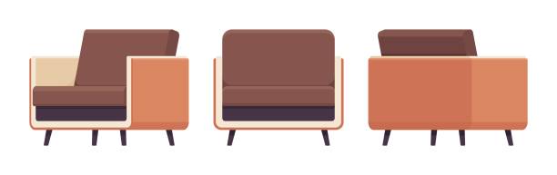 ilustrações, clipart, desenhos animados e ícones de lazer armchiar, confortável cadeira de leitura conjunto marrom - lobby living room business contemporary