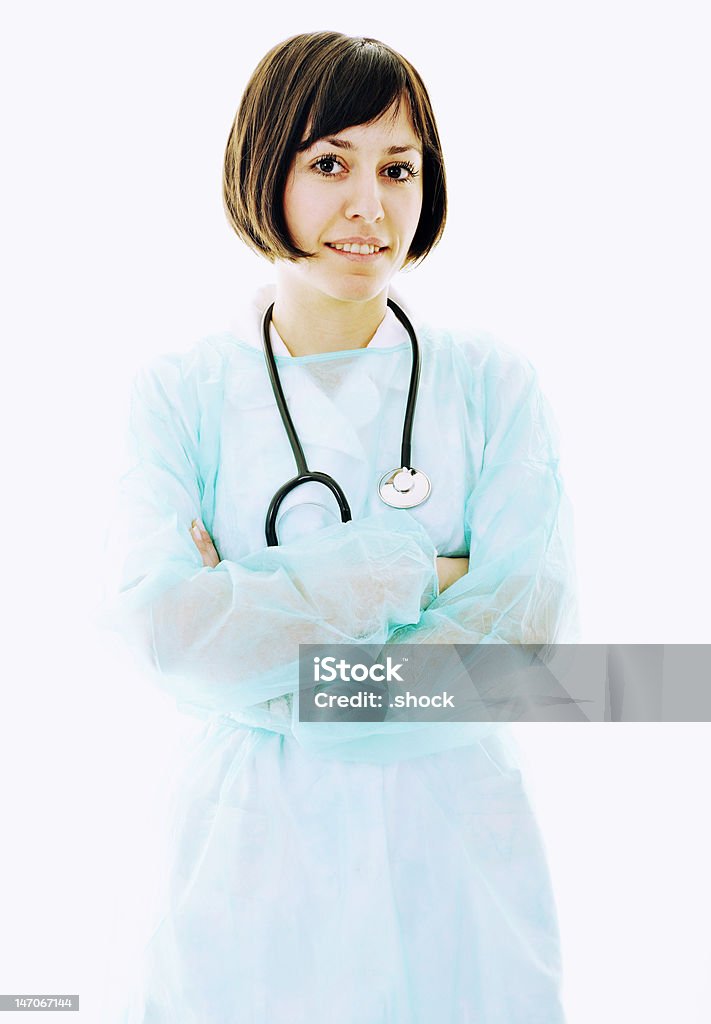 Счастливый медсестра с Стетоскоп Изолирован на белом - Стоковые фото Белый роялти-фри
