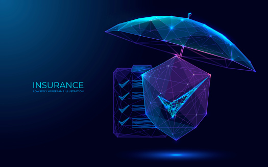 Digital insurance concept. Shield and checklist are under protective umbrella. Polygonal technology futuristic vector illustration on a dark background. EPS 10.
