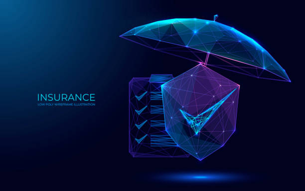 Insurance Digital insurance concept. Shield and checklist are under protective umbrella. Polygonal technology futuristic vector illustration on a dark background. EPS 10. insurance stock illustrations