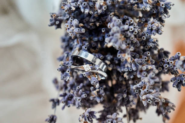 istock Wedding rings on a lavender bouquet, close up 1470672379