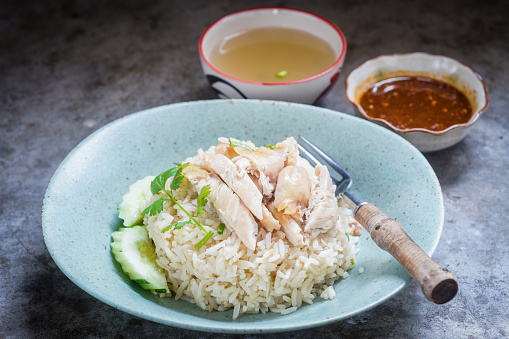A steamed rice topped with chicken ( Khao Mun Gai ), Thai food
