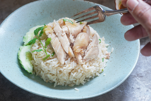 A steamed rice topped with chicken ( Khao Mun Gai ), Thai food