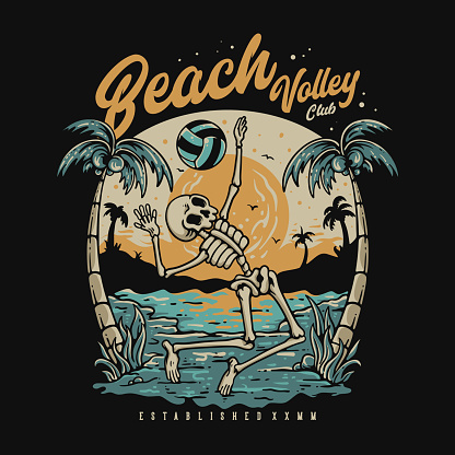 T Shirt Design Beach Volley Club With Skeleton Playing Volleyball On The Beach Vintage Illustration