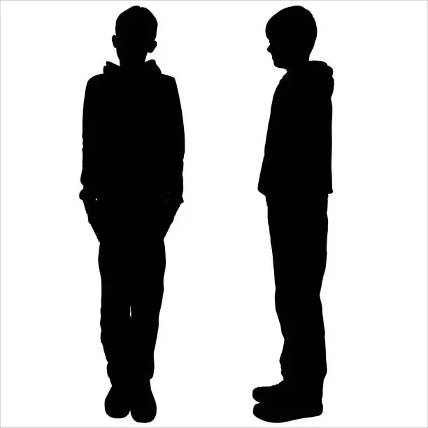 Vector illustration of Boy, guy, teenager - model. A boy stands straight, and his arms are located along the torso without movement. Side view, full face. Black silhouette isolated on white background. Looking at the camera