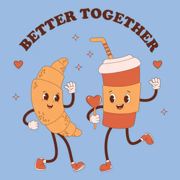 Vector illustration of Cute retro characters. Enamored coffee in paper cup and croissant. Vector illustration. Funny mascot drink and food. Cool couple in nostalgic style with tnscription Better together .