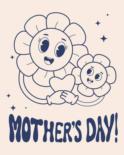 illustrazioni stock, clip art, cartoni animati e icone di tendenza di personaggio retrò daisy fiori potere. groovy mamma del personaggio vintage del cartone animato moderno con il bambino con il cuore. poster nostalgico della festa della mamma. illustrazione vettoriale. tavolozza monocromatica. - mothers day mother flower child