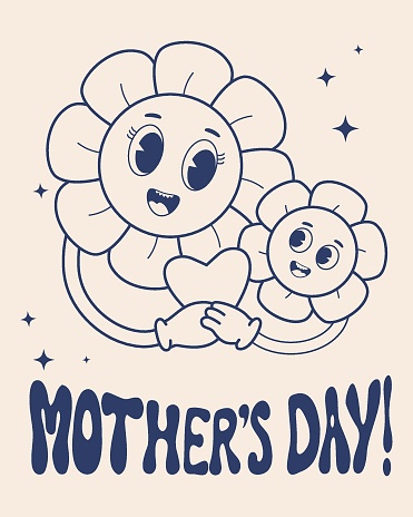 Retro character Daisy flowers Power. Groovy Modern cartoon vintage character mom with baby with heart. Nostalgic poster Mothers Day. Vector Illustration. Monochrome palette