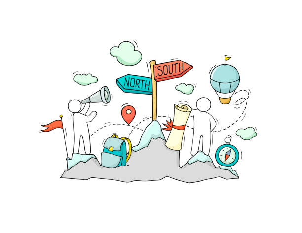 illustrazioni stock, clip art, cartoni animati e icone di tendenza di geografia, concetto di viaggio - sign hiking north sport symbol