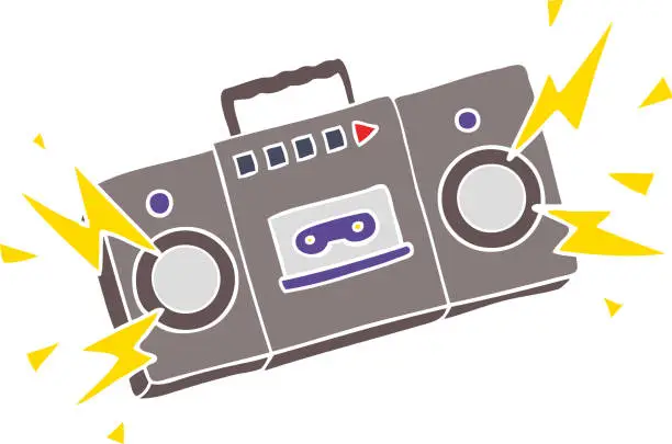 Vector illustration of retro flat color style cartoon tape cassette player blasting out old rock tunes