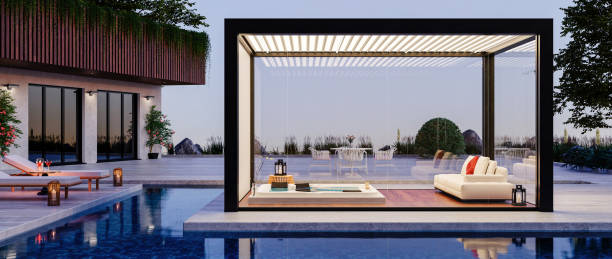 istock 3d render of luxury Glass Pergola on pool deck 1470677795