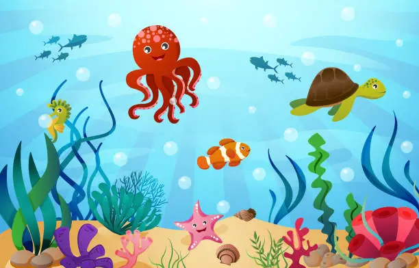 Vector illustration of Sea life animals with ocean scene . Cartoon style . Vector .