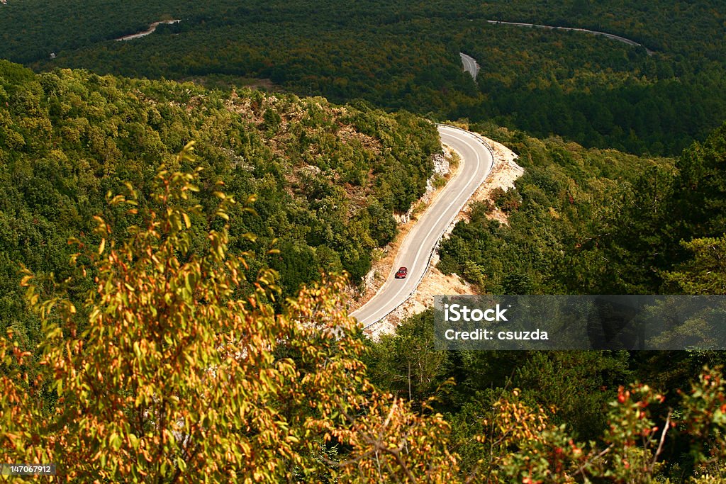 the highway a red car in the forest road Adventure Stock Photo