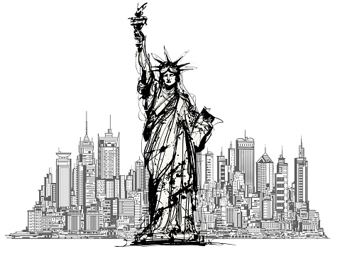 Liberty statue in New York city with manhatttan background, New York, USA - vector illustration (Ideal for printing, poster or wallpaper, house decoration)