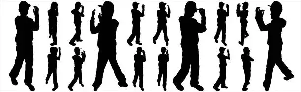 Vector illustration of Big set of teenage silhouettes of hip-hop dancers on a white background. A teenager in a cap and tracksuit dances a break. Dancing boy in a hat. Black silhouettes of hip-hop dancers. Front view.