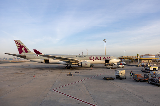 Doha, Qatar - February 21, 2023 : Qatar Airways Airbus A330 at Hamad International Airport in Doha, Qatar.