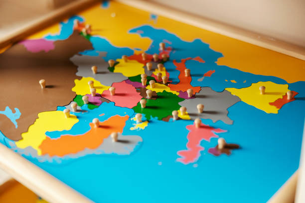 Close up of a educational toy, a map with countries.