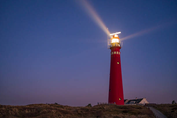 Lighthouse at Schiermonnikoog island in the dunes during sunset Schiermonnikoog panoramic view in the dunes with the lighthouse during sunset at the wadden island during a beautiful winter day. Schiermonnikoog is part of the Frisian Wadden Islands and is known for its beautiful natural scenery, including sandy beaches, rolling dunes, and lush wetlands. Beacon stock pictures, royalty-free photos & images