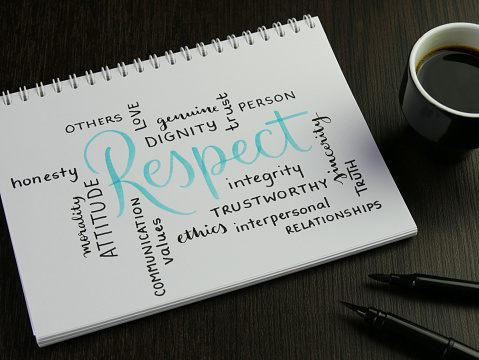 RESPECT and related terms handwritten in notebook with cup of espresso and pens on black wooden desk