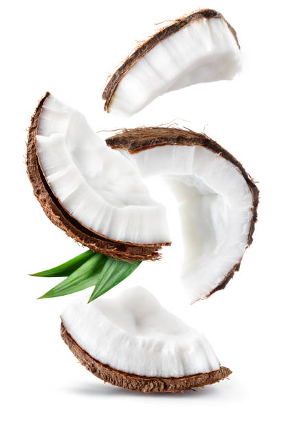Coconut isolated. Coconut slice and piece with leaves on white background. Broken white coco flying. Composition. Full depth of field.