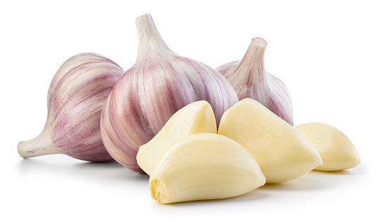 Garlic cloves collection on white. This file includes